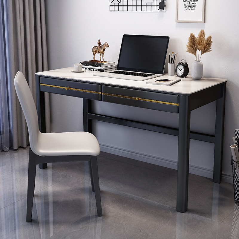 輕奢岩板書桌新中式辦公桌簡約現代電腦桌家用臥室實木學習寫字桌