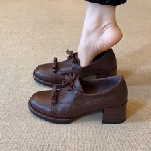 小个子增高6cm-大象纹圆头双蝴蝶结单鞋复古深口粗跟通勤小皮鞋