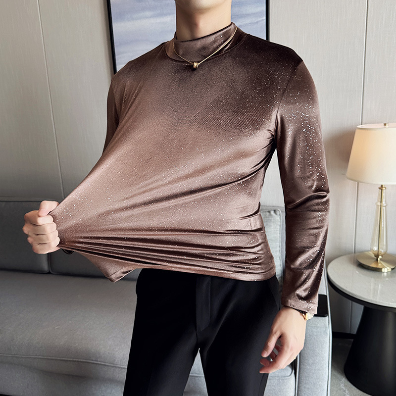 Fall/winter 2024 semi-high collar gold velvet long sleeve slim T-shirt men's fashion pullover fleece-lined collar solid color base shirt