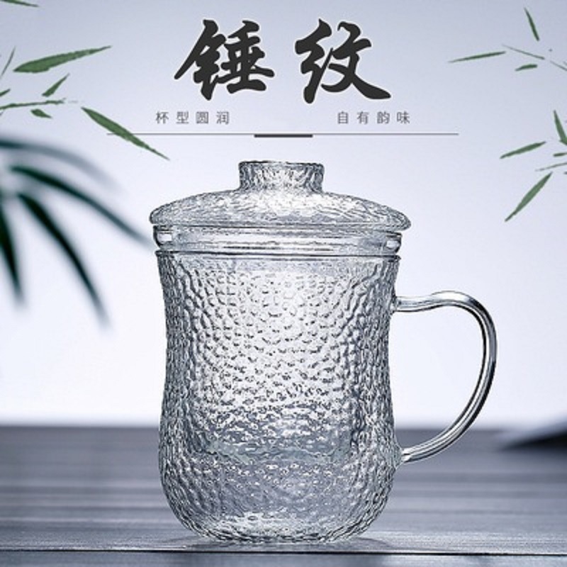 Taza de té de vidrio martillado Juego de tres piezas hecho a mano japonés con mango taza de té filtro transparente traje de taza de agua resistente al calor