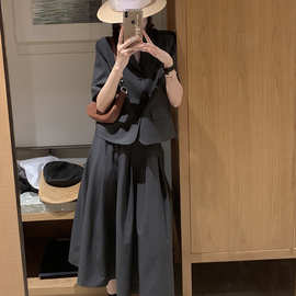 感炸街短袖小香风西装套装女夏显瘦时尚气质百褶半身裙两件套
