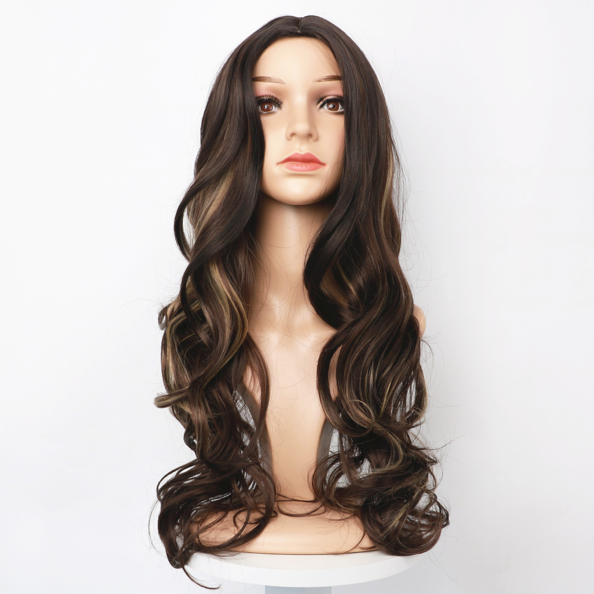 Συνθετική περούκα 2023 Νέα περούκα Γυναικεία μεσαία σχισμένη μακριά σγουρά με μεγάλους κυματισμούς καφέ κηλίδας, βαμμένη από συνθετικές ίνες για μαλλιά ολόκληρο σετ κεφαλιού_voghion.com