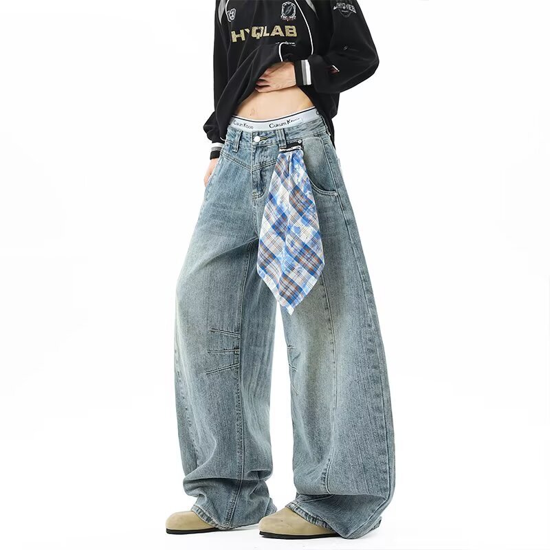 [Exclusively for Cross-Border Trade] American Retro Plaid Square Scarf Silhouette Jeans, New High-Street Loose Wide-Leg Pants