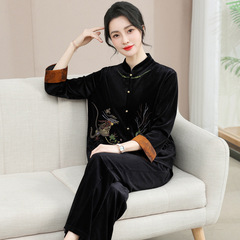 中老年女装金丝绒套装新中式国风两件套气质衣服复古刺绣花妈妈装