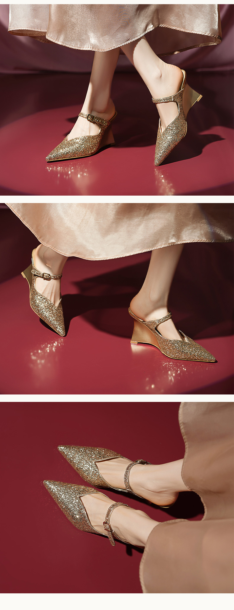 Giày mule nữ mũi nhọn đế xuồng phối sequin lấp lánh — màu vàng, bạc chi tiết 4