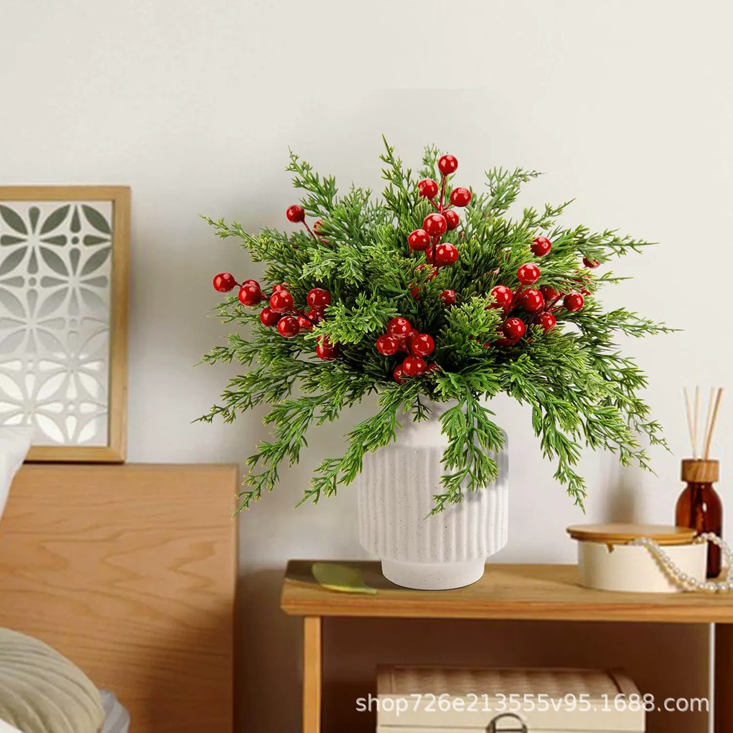 跨境仿真绿植圣诞松柏枝红果花束插花装饰假花配件家居浆果组合摆
