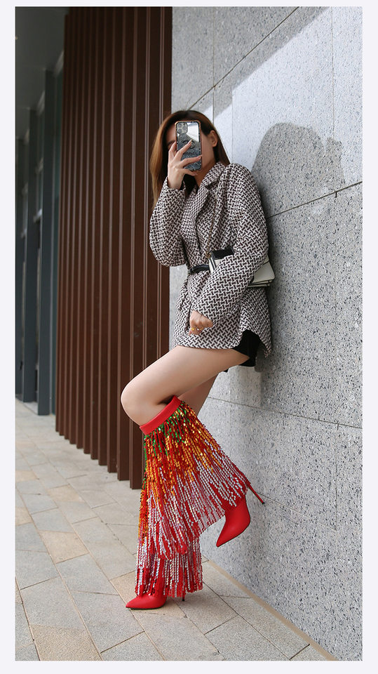 Bốt nữ mũi nhọn gót siêu cao đính kim sa nhiều màu, khóa kéo bên hông, cổ trung — Màu hồng, màu vàng, màu đen, màu đỏ chi tiết 15