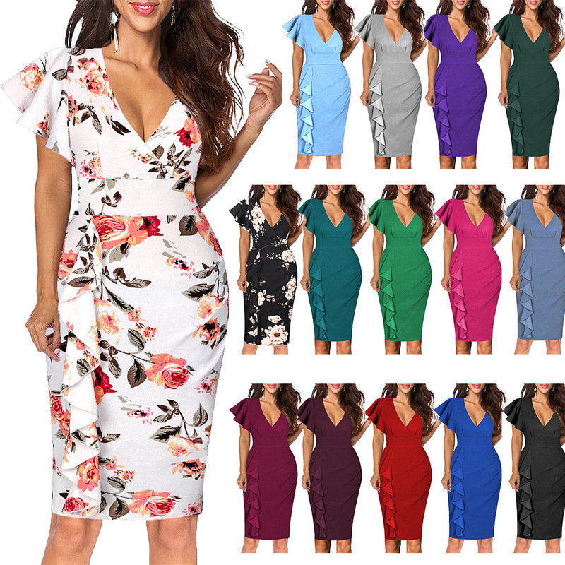 Amazon 2023 Explosions Women's Ruffled Sleeve V-Neck Mid-Length Formal Party Pencil Dress Cocktail Dress