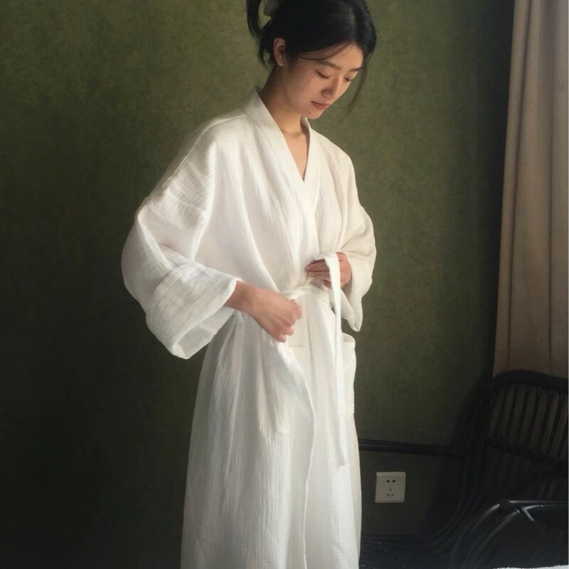 Three-Layer Crepe Belt Couple Nightgown Pure Cotton Gauze Women's White Bathrobe Large Size Cotton Bathrobe Home Wear Robe