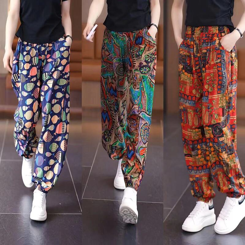 Summer New Fashion Women's Floral Ice Silk Cool Pants Thin Loose All-match Leg Harlan Cropped Casual Pants