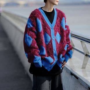 2024 New College Lazy Wind Contrast Diamond Cardigan Sweater Knitwear Men's and Women's Fashion American Autumn and Winter Coat