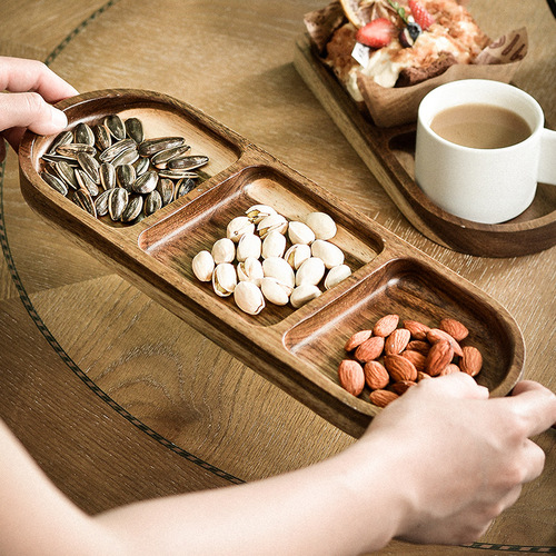 Lychee sea acacia wood snack plate wooden home ktv hotel tableware wholesale dried fruit snack divided snack plate