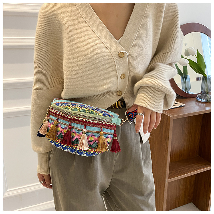 112g Weight Tassel, Weave, Sewing Thread Fashion Element Zipper Closure Type Single Shoulder Strap Strap Type Fanny Pack Bags Type Holiday, Daily Occasion cotton and linen Material Women's Backpack Backpack Waves Pattern All Seasons Season Women's Gender Ethnic Style Style Square Shape Women's Ethnic Style Waves Cotton And Linen Waist Bags 6