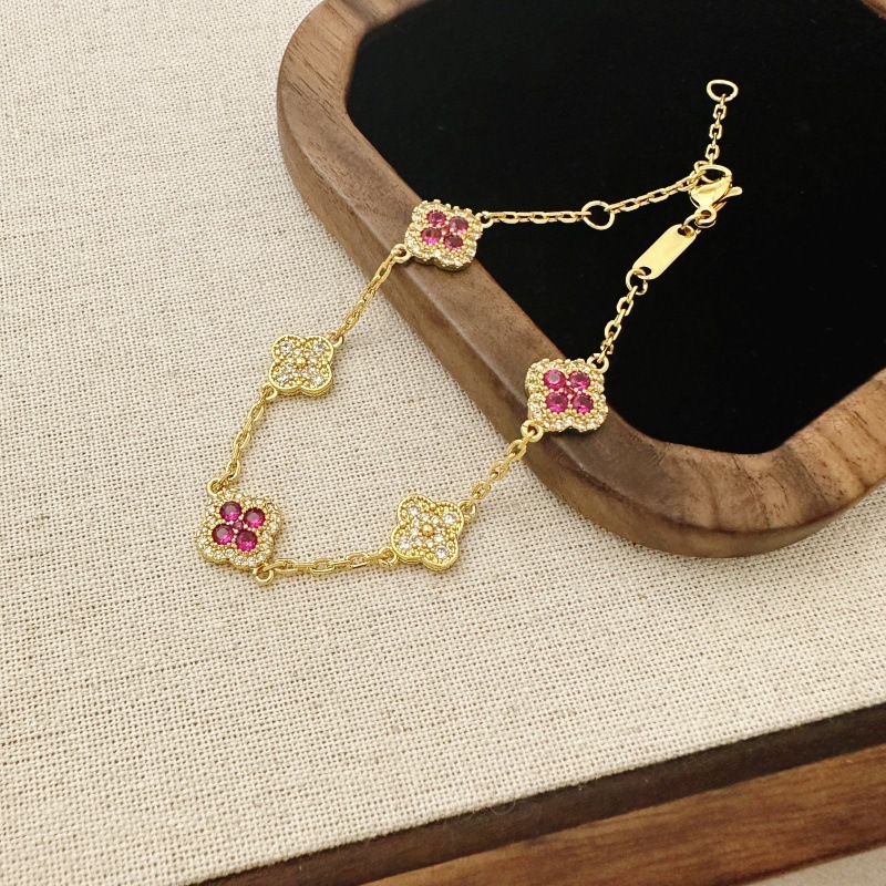 Sweet and Gentle Korean Style Light Luxury High-End Rose Red Zircon Flower Bracelet Trendy Versatile Exquisite Hand Jewelry for Women
