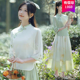 中国风改良旗袍上衣棉麻刺绣盘扣上衣中式汉元素汉服套装唐装女夏