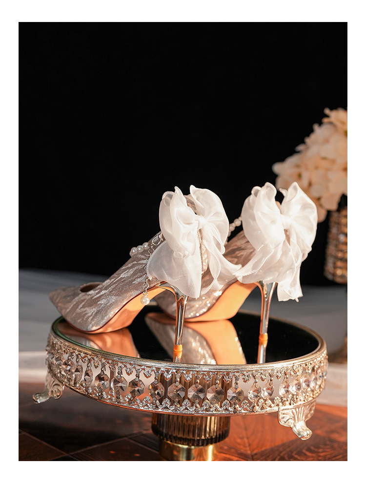 6681-58-041 Pointed Toe Stiletto Heel Shallow Mouth Women's High Heels French Bow Elegant Socialite Wedding Shoes_voghion.com