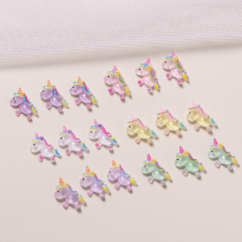 Cartoon Luminous Rainbow Unicorn Nail Art Jewelry Cute Stereo Small Animal Resin Diamond Kidsren's Nail Stickers