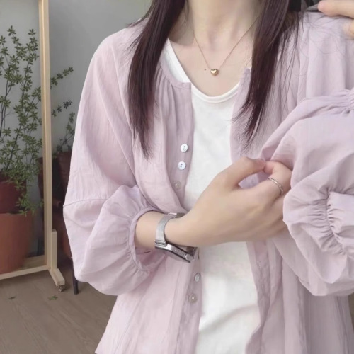 French-style gentle lavender silk-linen sun shirt for women, summer thin model, outerwear overlay tunic, loose bell sleeve blouses and coats