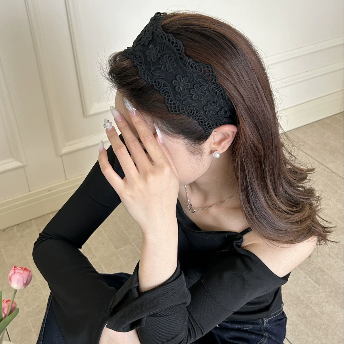 Headband, embroidered Chinese-style floral fresh hair accessory, universal fit, 8×8×1 cm