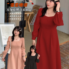 K2475大サイズ女装春秋新作フレンチ襟ウエストワンピースワッフル太ったmmワンピース