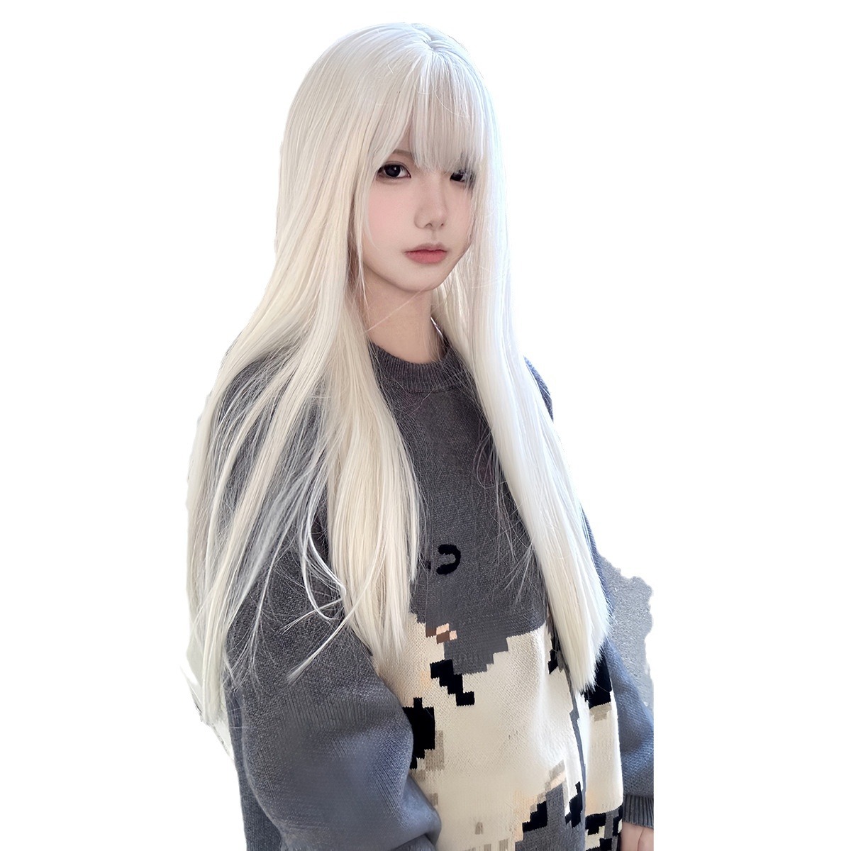 Starway wig woman Cream gold long straight hair daily round face Autumn and winter Lolita jk students full head cover style