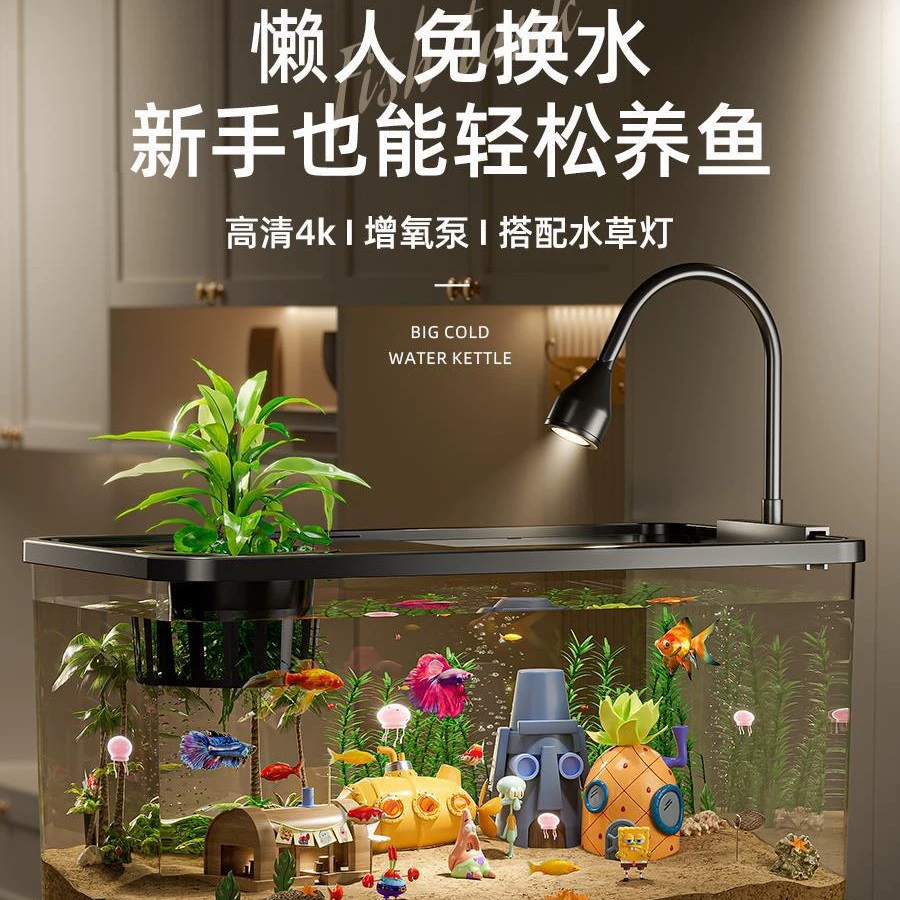 Qingkai fish tank ecological aquarium plastic goldfish tank with cover transparent living room small luxury landscaping turtle tank table