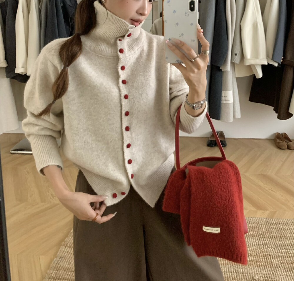 Casual Turtleneck Bag Buckle Sweater Cardigan Women'S Autumn And Winter New Lazy Wind Knitted Outer Women'S 17 Undefined