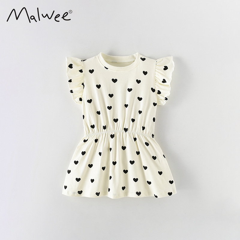 Malwee transfronterizo nuevo vestido de niña de mangas cortas A-falda fresco patrón europeo y americano para niños suaves y cómodos
