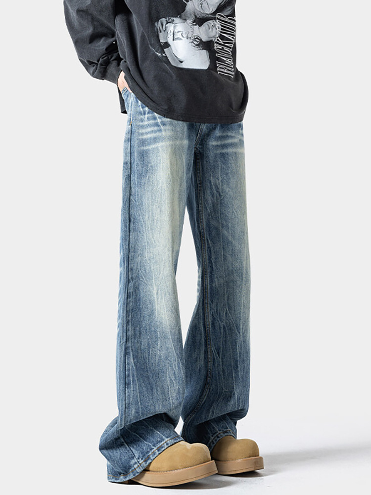 Lightning Pattern Slightly Pulled Jeans Men's 2026 Spring New American Retro Washed Large Size Loose Straight Trousers_voghion.com