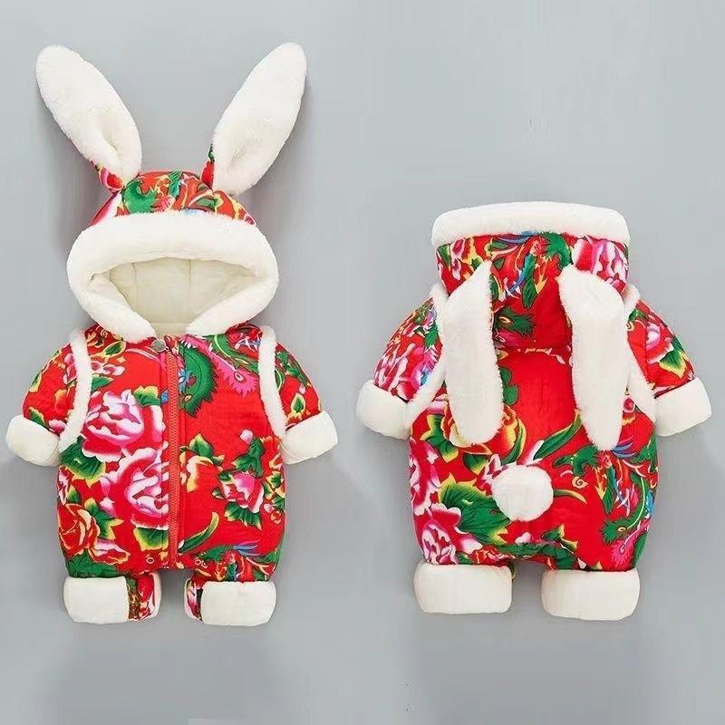 의 동북 큰 꽃 점프 수트 겨울 새해 옷  의 축제 누빔안감 복장