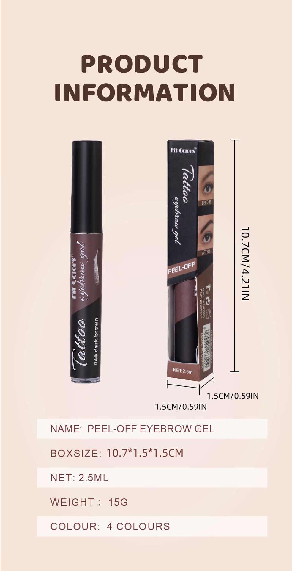 Fit Colors 4-color peel-off eyebrow Gel is water-resistant and does not smudge. It is a three-dimensional eyeliner and eyebrow gel undefined