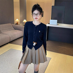 2025韩系藏蓝色刺绣针织开衫女秋款女装秋装薄款毛衣外套短款上衣