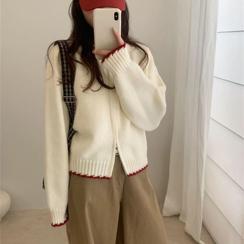 韩系圆领拉链毛衣外套女宽松2025秋冬季季新款撞色边针织开衫外穿|undefined