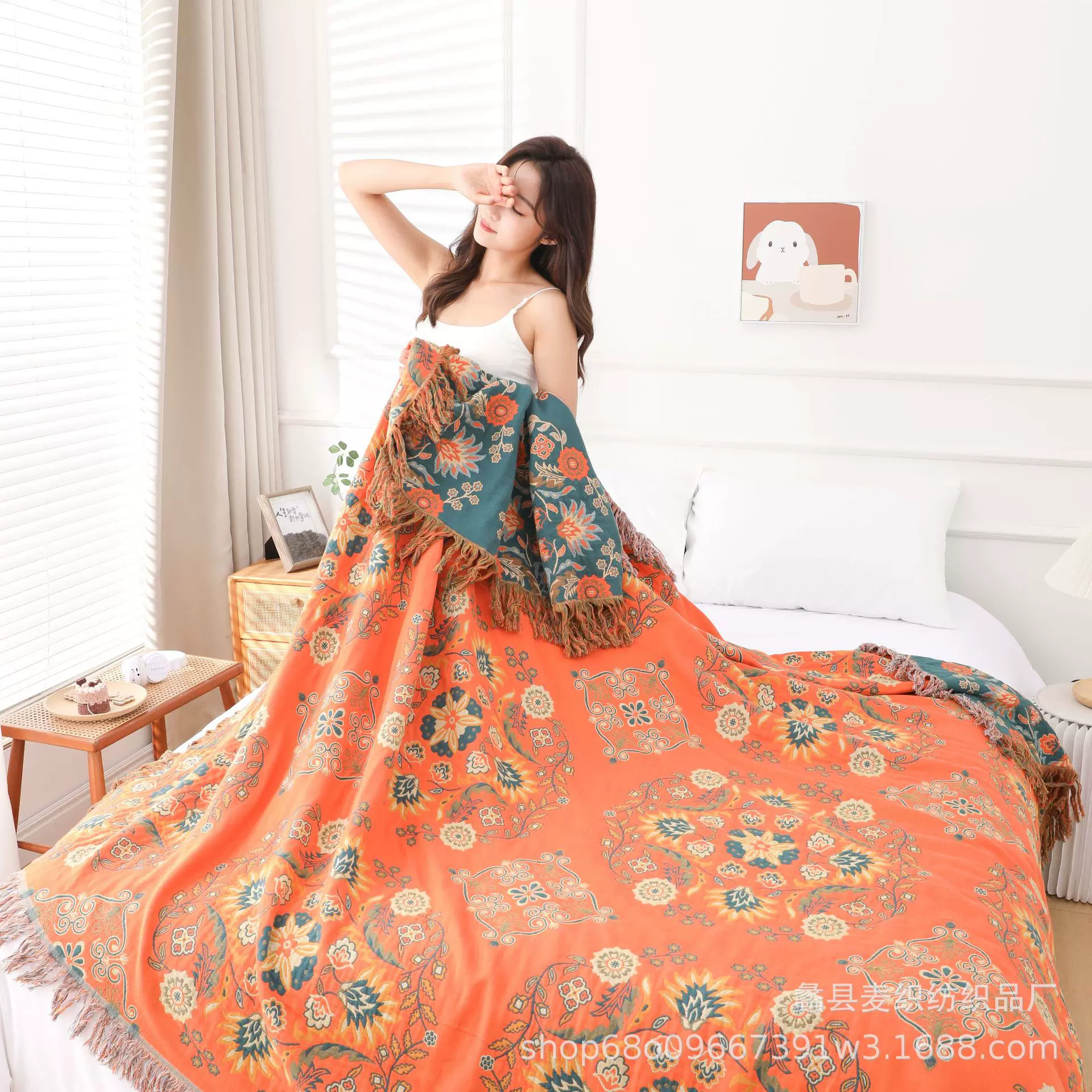 花语桔-跨境纯棉纱布毛巾被午休毯子空调毯沙发床盖野外露营盖毯