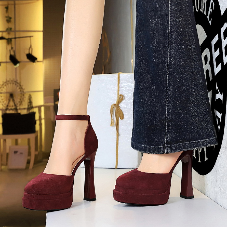 9272 Korean Style Hollow Elegant Shallow Women's Shoes Round Toe Suede Super High Heels Thick Heel Platform Sandals with Strap