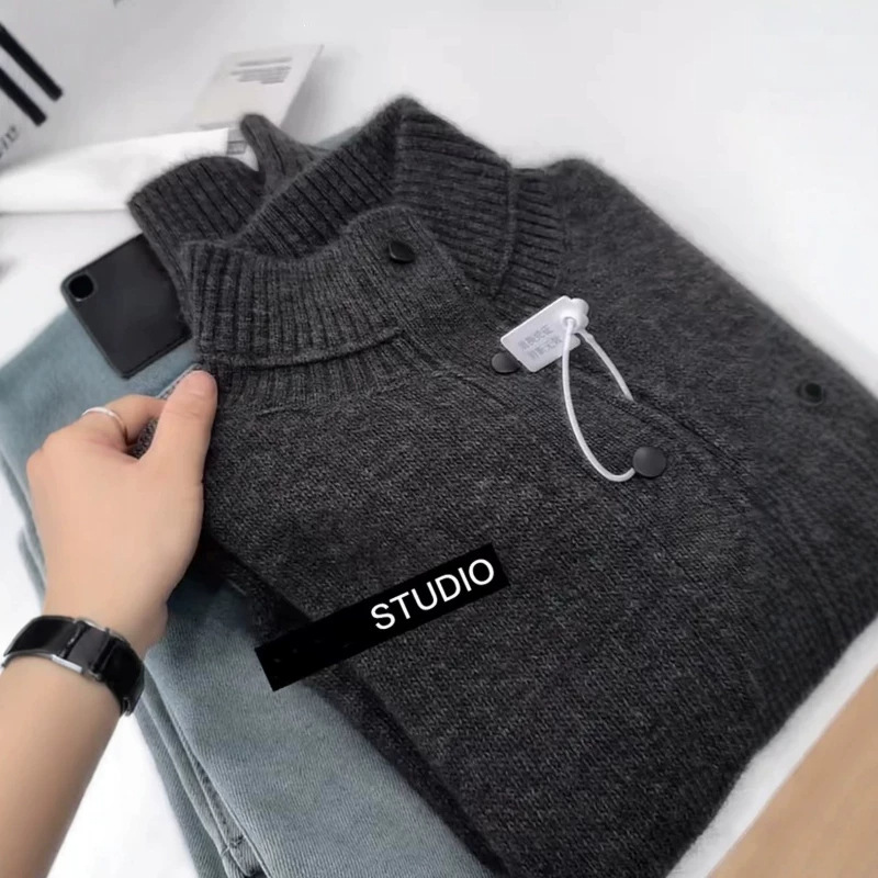 100% Pure Wool High-End Elegant Turtleneck Knitted Cardigan for Women, Loose Thickened Sweater for Autumn and Winter, Base Layer Jacket 100% Pure Wool High-End Elegant Turtleneck Knitted Cardigan for Women, Loose Thickened Sweater for Autumn and Winter, Base Layer Jacket