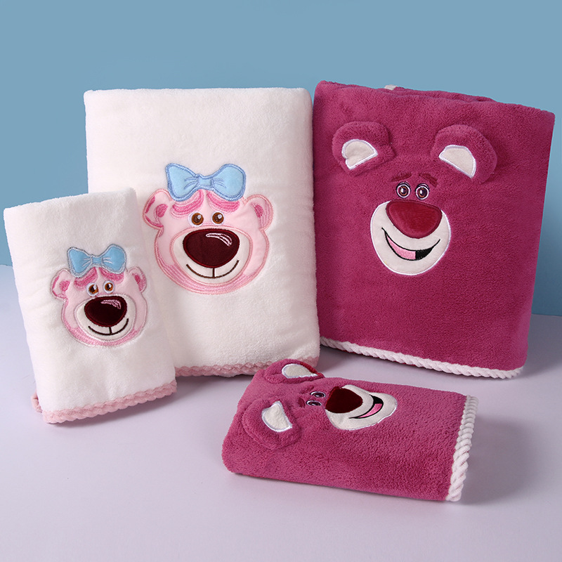 Strawberry Bear towel Bath towel Two piece set children Cartoon Embroidery Coral Bath towel Picture Sets of towels Super gift