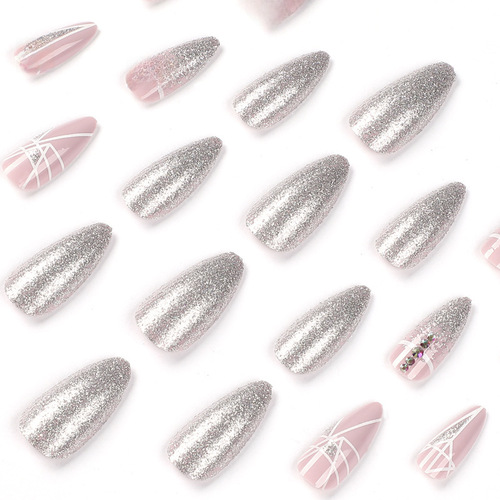 穿戴甲片批发闪粉几何线条水钻穿戴假甲片美甲穿戴甲中长款 nails