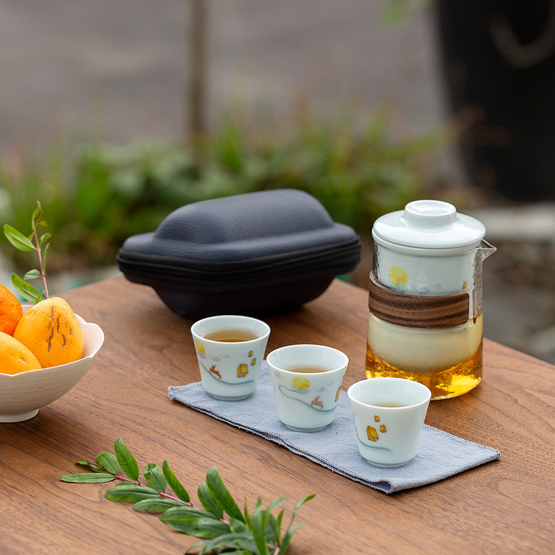 方然一鹿相伴快客杯青瓷茶具套装便携式旅行包简约泡茶器礼品批发|ms
