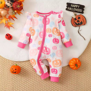 E2473 Baby Girl Girl Toddler Girl Halloween Full Print Cute Smiley Pumpkin Middle Zipper jumpsuit