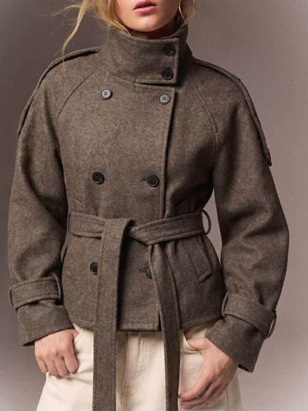 26 New Autumn and Winter European and American Style Short Double-Breasted Woolen Coat for Women with Stand-Up Collar and Tie, Slim Fit and Comfortable Woolen Coat