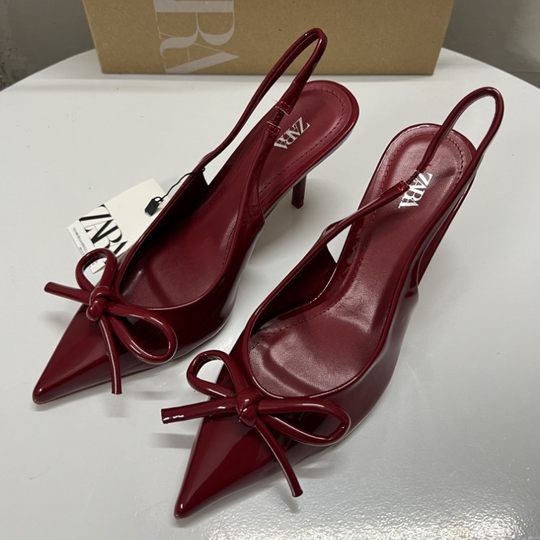 Za New High Heels Autumn and Winter 2024 French Red Painted Bow Decoration Fashion Shallow Sandals for Women Commuter Women