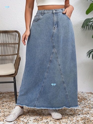 Plus Size Casual Bow Lace Denim Skirt With Fur Edge
