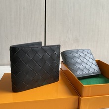 进口胎牛皮编织短夹真皮男款皮夹大菱格对折钱包编制钱夹卡包男包