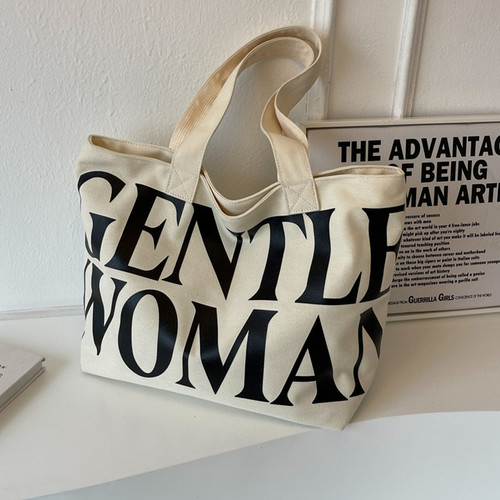 大容量字母帆布托特女包新款都市简约单肩包文艺上课学生布袋