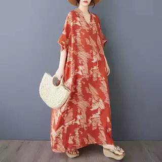 实拍 2025夏季花色度假风旅游V领复古长裙遮肉棉麻连衣裙