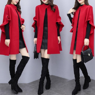 New Women's Clothing Spring, Autumn and Winter plus size Mid-length Woolen Coat Women's Red British A- line Cape Woolen Coat
