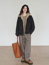 通勤烟灰色保暖牛仔外套女冬加绒新款港风复古保暖工装夹克厚外搭