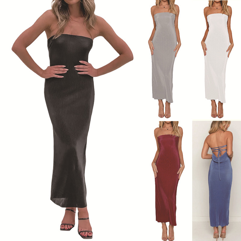 2025 new spring and summer European and American fashion INS wind toothpick pleated tube-length dress strap hollow sexy long