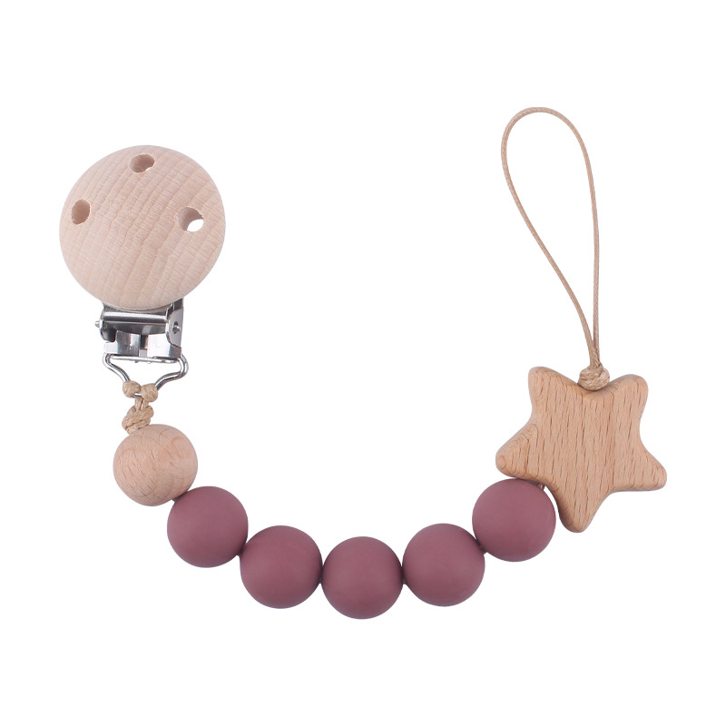 Nuevo bebé haya chupete clip calmante bebé cuentas de silicona estrella de haya de dibujos animados cadena de chupete cadena anti-gota